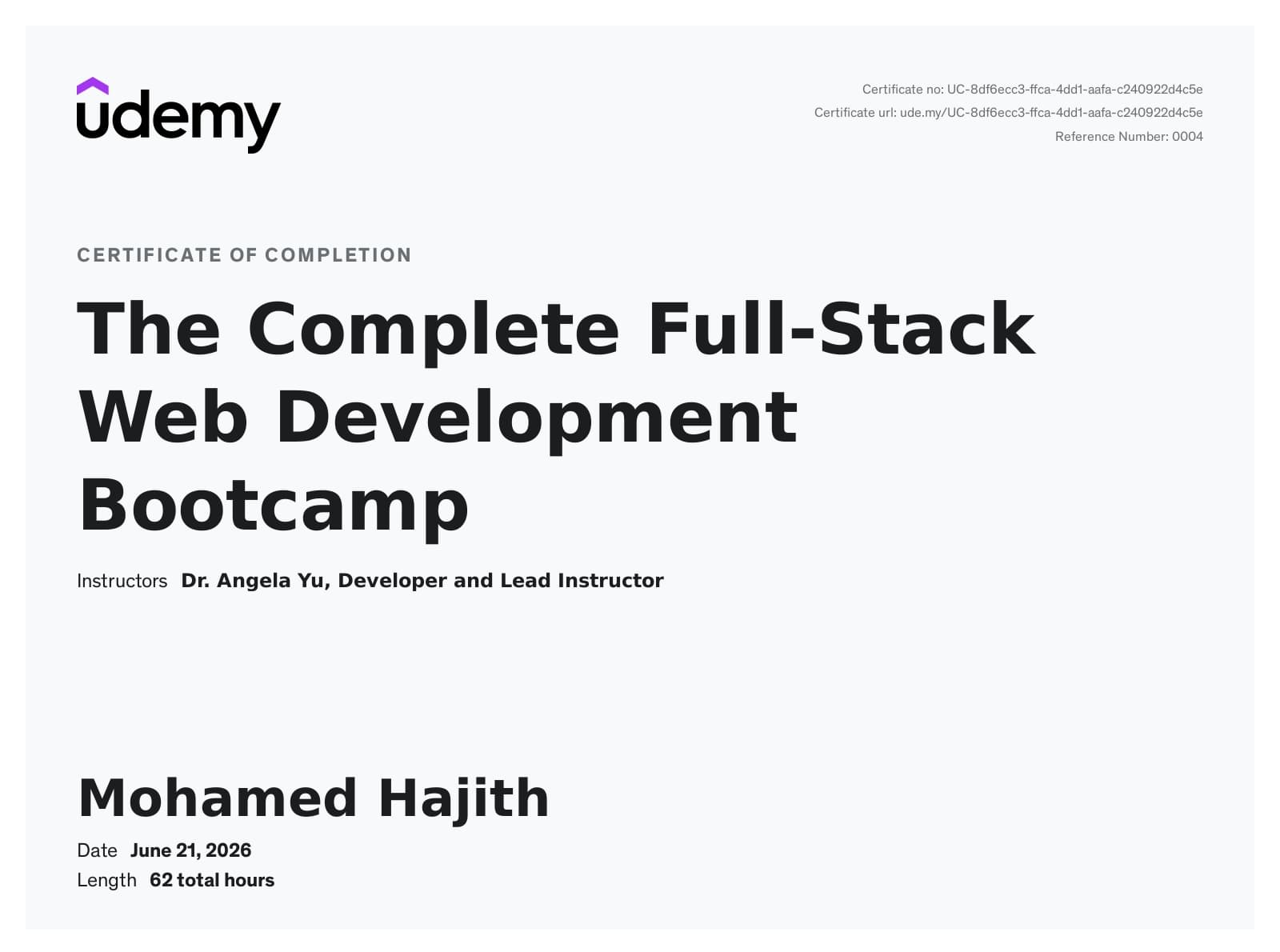 The Complete Full-Stack Web Development Bootcamp certificate