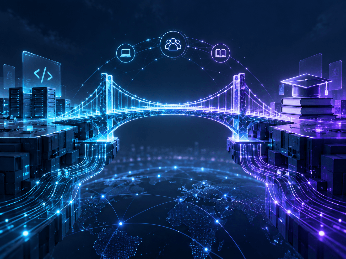 Illustration of TechBridge — Student Opportunity & Collaboration Platform: Connect university technology students with curated academic resources, software project showcases, internship opportunities, and structured peer collaboration.